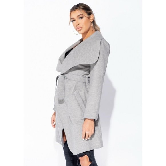 Gray Wool Blend Long Sleeve Oversized Lapel Belted Waterfall Collar Coat - Picture 3 of 8